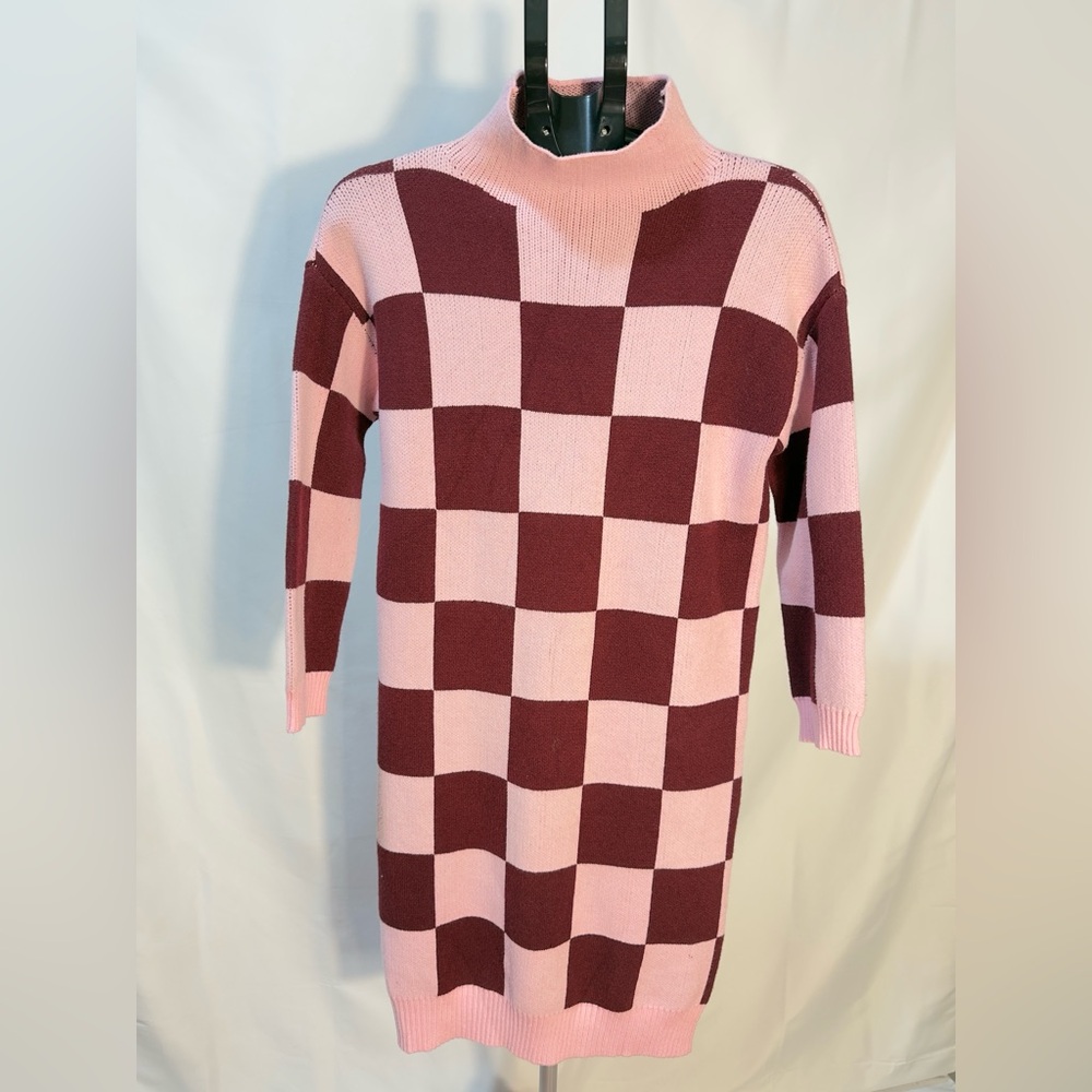 Checkered Knit Sweater Dress – Pink & Buegundy